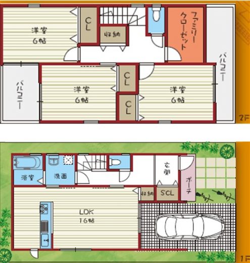 ３LDKプランです。2階には屋根付きバルコニーを搭載し、急な雨にも対応可能です。ウォークインクローゼットが完備され、シューズクロークも作れます。間取りから仕様まで、色々とご相談いただけます。(間取)